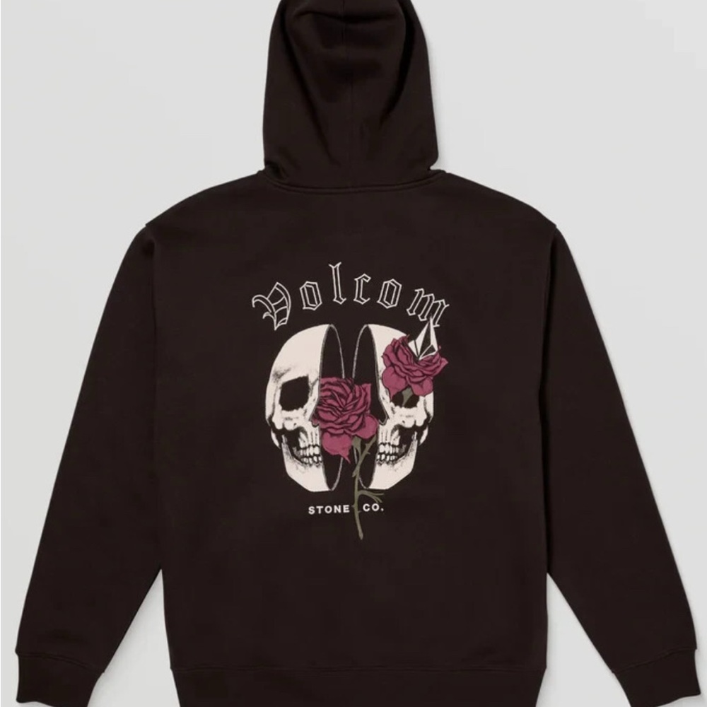 Volcom Black Hoodie with Skull and Rose Graphic